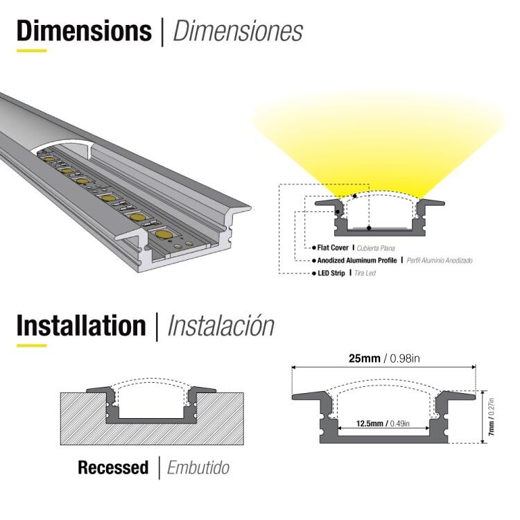 Perfil De Aluminio De EMBUTIR 17x7mm, Cover Opal, NEGRO 2m detalle